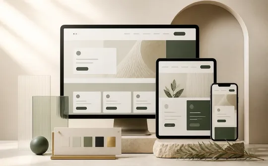 Responsive web interface shown across desktop, tablet, and mobile screens
