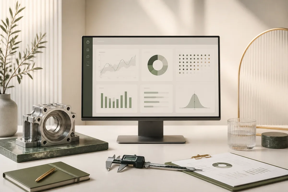 Editorial visualization of a manufacturing quality inspection dashboard